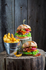 Yummy burger with onion, tomato and lettuce and chips