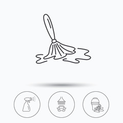 Car wash icons. Automatic cleaning station linear signs. Bucket with foam bubbles, spray flat line icons. Linear icons in circle buttons. Flat web symbols. Vector