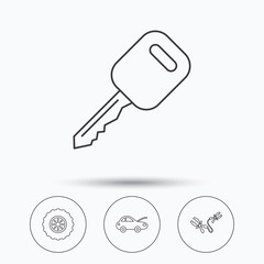 Car key, wheel and repair service icons. Battery terminal linear sign. Linear icons in circle buttons. Flat web symbols. Vector