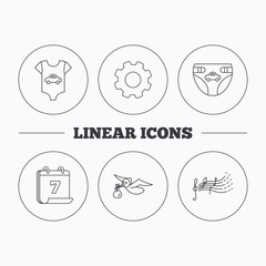 Diapers, newborn clothes and songs for kids icons. Stork with sack linear sign. Flat cogwheel and calendar symbols. Linear icons in circle buttons. Vector
