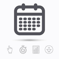 Calendar icon. Events reminder symbol. Stopwatch timer. Hand click, report chart and download arrow. Linear icons. Vector