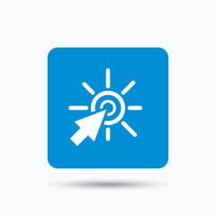 Click icon. Computer mouse cursor symbol. Blue square button with flat web icon. Vector