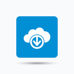 Download from cloud icon. Data storage technology symbol. Blue square button with flat web icon. Vector