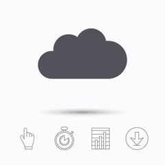 Cloud icon. Data storage technology symbol. Stopwatch timer. Hand click, report chart and download arrow. Linear icons. Vector