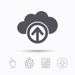 Upload from cloud icon. Data storage technology symbol. Stopwatch timer. Hand click, report chart and download arrow. Linear icons. Vector