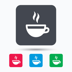 Coffee cup icon. Hot tea drink symbol. Colored square buttons with flat web icon. Vector