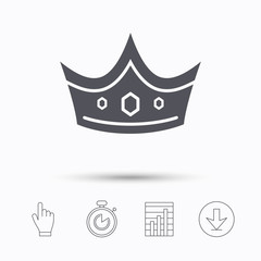 Obraz premium Crown icon. Royal throne leader symbol. Stopwatch timer. Hand click, report chart and download arrow. Linear icons. Vector
