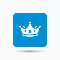 Crown icon. Royal throne leader symbol. Blue square button with flat web icon. Vector