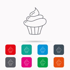 Cupcake icon. Dessert cake sign. Delicious bakery food symbol. Linear icons in squares on white background. Flat web symbols. Vector