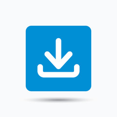 Download icon. Load internet data symbol. Blue square button with flat web icon. Vector