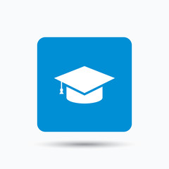 Education icon. Graduation cap symbol. Blue square button with flat web icon. Vector