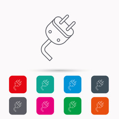 Electric plug icon. Electricity power sign. Cord energy symbol. Linear icons in squares on white background. Flat web symbols. Vector