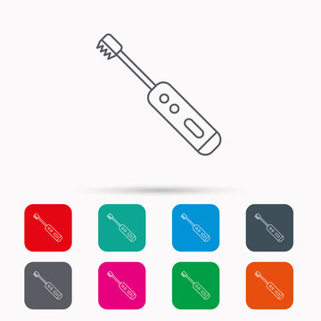 Electric toothbrush icon. Tooth cleaning sign. Linear icons in squares on white background. Flat web symbols. Vector
