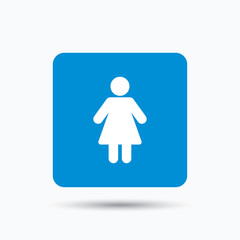Woman icon. Female human symbol. User sign. Blue square button with flat web icon. Vector