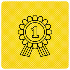 Gold medal award icon. First place sign. Winner symbol. Linear icon on orange background. Vector