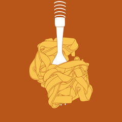 Wide pasta on the fork. Hand drawn noodle vector illustration 
