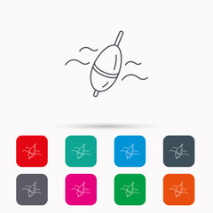 Fishing float icon. Bobber in waves sign. Angling symbol. Linear icons in squares on white background. Flat web symbols. Vector