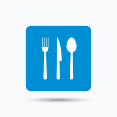 Fork, knife and spoon icons. Cutlery symbol. Blue square button with flat web icon. Vector