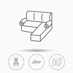 Obraz premium Corner sofa, nightstand and chair icons. Wall shelf linear sign. Linear icons in circle buttons. Flat web symbols. Vector