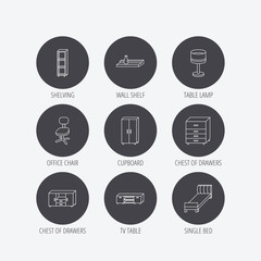 Single bed, TV table and shelving icons. Office chair, table lamp and cupboard linear signs. Wall shelf, chest of drawers icons. Linear icons in circle buttons. Flat web symbols. Vector