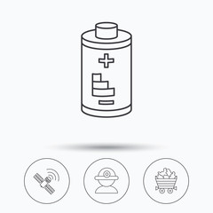 Worker, minerals and GPS satellite icons. Battery linear sign. Linear icons in circle buttons. Flat web symbols. Vector