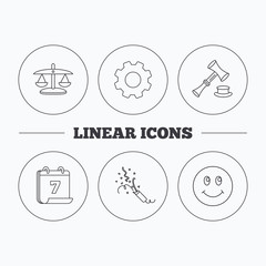 Scales of justice, auction hammer and slapstick icons. Smiling face linear sign. Flat cogwheel and calendar symbols. Linear icons in circle buttons. Vector