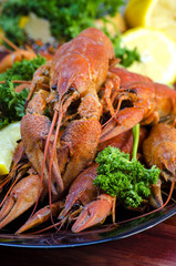 red and appetizing boiled crawfish