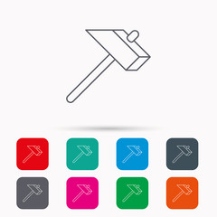 Hammer icon. Repair or fix sign. Construction equipment tool symbol. Linear icons in squares on white background. Flat web symbols. Vector
