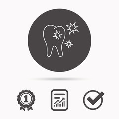 Healthy tooth icon. Dental protection sign. Report document, winner award and tick. Round circle button with icon. Vector