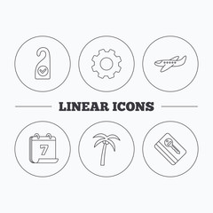 Palm tree, air-plane and e-key icons. Clean room linear sign. Flat cogwheel and calendar symbols. Linear icons in circle buttons. Vector