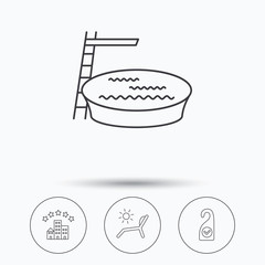 Hotel, swimming pool and beach deck chair icons. Clean room linear sign. Linear icons in circle buttons. Flat web symbols. Vector