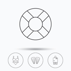Fototapeta premium Ikony koło ratunkowe, bielizna i płetwy. Zmiana znaku liniowego kabiny. Ikony liniowe w przyciskach okręgu. Płaskie symbole internetowe. Wektor