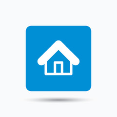 Home icon. House building symbol. Real estate construction. Blue square button with flat web icon. Vector