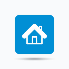 Fototapeta na wymiar Home icon. House building symbol. Real estate construction. Blue square button with flat web icon. Vector