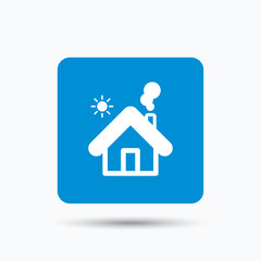 Home icon. House building symbol. Real estate construction. Blue square button with flat web icon. Vector