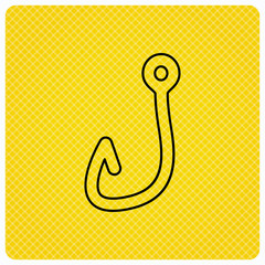 Fishing hook icon. Fisherman equipment sign. Angling symbol. Linear icon on orange background. Vector
