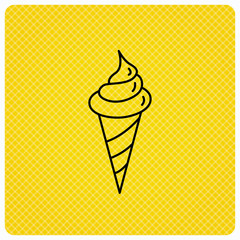 Ice cream icon. Sweet dessert in waffle cone sign. Frozen food symbol. Linear icon on orange background. Vector