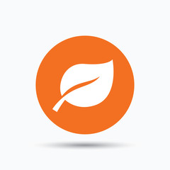 Leaf icon. Fresh organic product symbol. Orange circle button with flat web icon. Vector