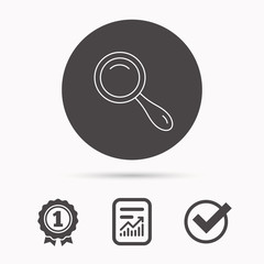 Search icon. Magnifying glass sign. Zoom symbol. Report document, winner award and tick. Round circle button with icon. Vector