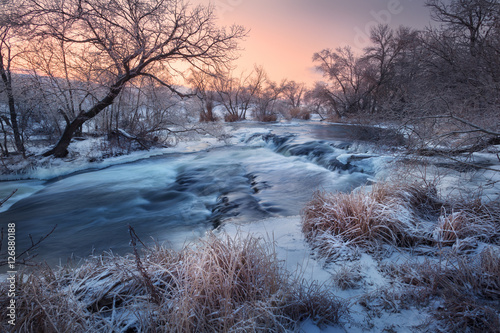 Winter Landscape With Snowy Trees Beautiful Frozen River