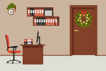 Office room, decorated with Christmas decoration. There is a table, a red chair, computer and other objects in the picture. There is also a fir tree wreath on a door. Vector illustration