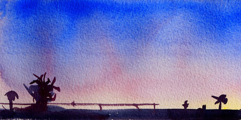 watercolor landscape with colorful sky