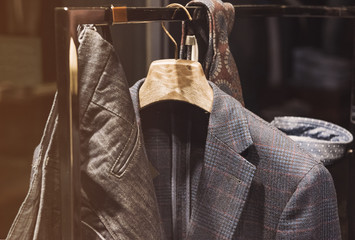 Elegant men clothing in a fashion store