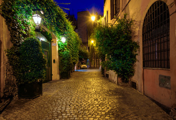 Fototapeta na wymiar Night view of old street in Trastevere in Rome, Italy