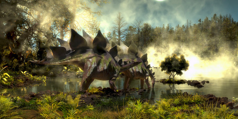 Stegosaurus in Swamp - Stegosaurus dinosaurs come down to a marsh for a drink of water in the Jurassic Period of North America. © Catmando