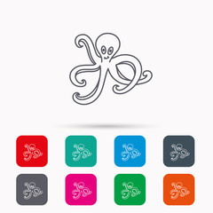 Octopus icon. Ocean devilfish sign. Linear icons in squares on white background. Flat web symbols. Vector