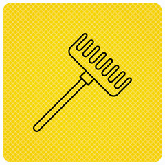 Rake icon. Gardening equipment sign. Outdoor instrument symbol. Linear icon on orange background. Vector