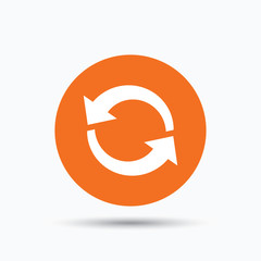 Update icon. Refresh or repeat symbol. Orange circle button with flat web icon. Vector