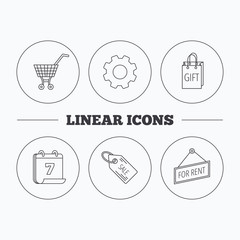 Shopping cart, gift bag and sale coupon icons. For rent label linear sign. Flat cogwheel and calendar symbols. Linear icons in circle buttons. Vector