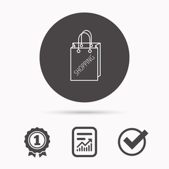 Shopping bag icon. Sale handbag sign. Report document, winner award and tick. Round circle button with icon. Vector